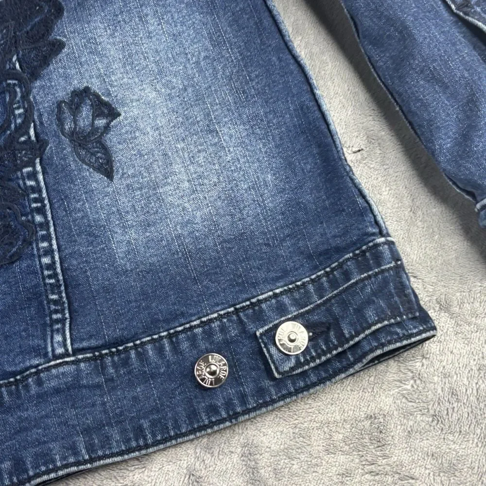 Lularoe Harvey Denim Jean Jacket Embroidered Floral Dark Wash Women Large Button